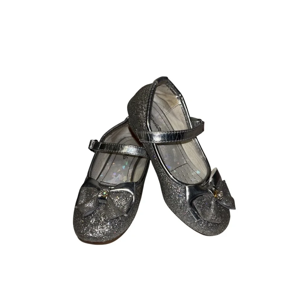 Girls Dress Shoes Mary Jane Youth Size 10 Glitter Glimmer Silver Sparkle Cindere